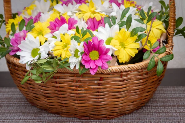 Vackra färgglada krysantemum blommor i en flätad korg — Stockfoto