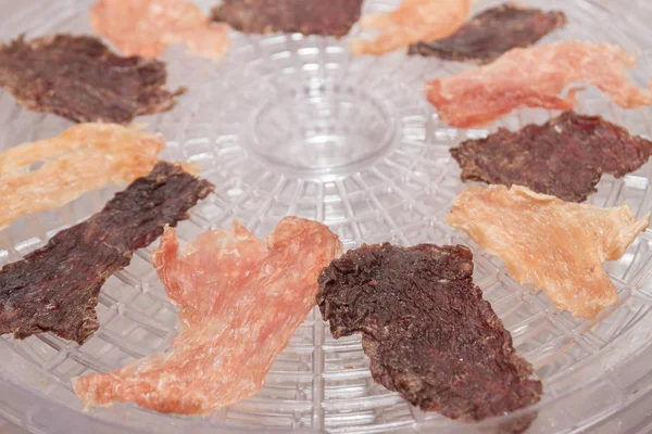 乾燥した七面鳥の肉チキンと牛肉を電気乾燥機で ロイヤリティフリーのストック画像