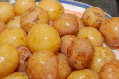 Bir tabak üzerinde yatan üniforma genç haşlanmış patates