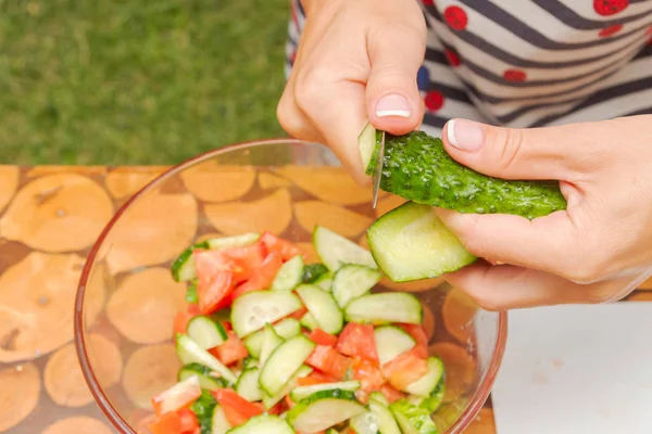 Préparation de salade de légumes frais et d'herbes — Photo