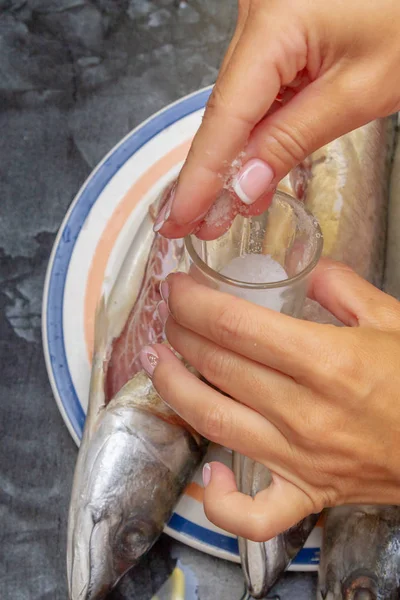 Sarda de peixe crua marinada para assar na grelha — Fotografia de Stock