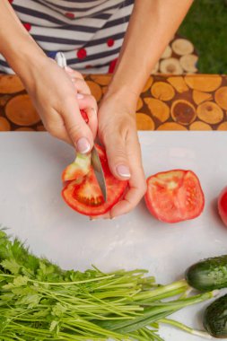 Taze sebze ve otlar salata hazırlanması