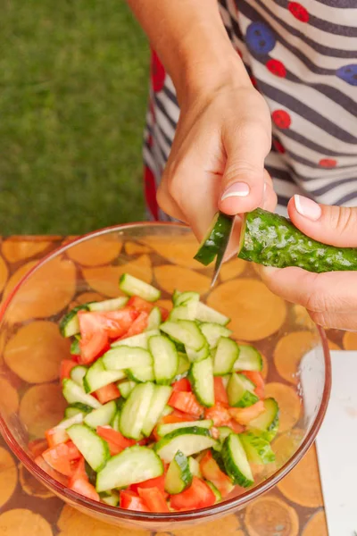 Préparation de salade de légumes frais et d'herbes — Photo