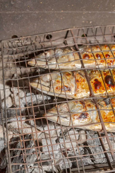 Grelhado fumado peixe cavala dourada fora tarde da noite — Fotografia de Stock
