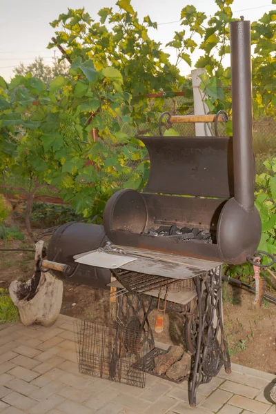 Carvões estão na grelha para churrasco ao ar livre — Fotografia de Stock