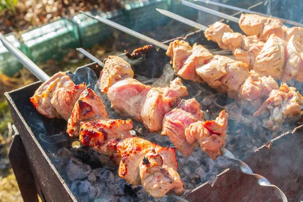 Kebab Porc Frais Est Frit Sur Des Brochettes Sur Gril — Photo