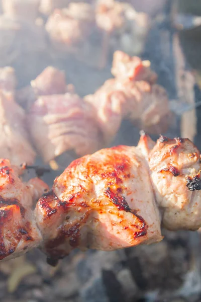 Čerstvé Vepřové Shish Kebab Smaží Špejli Grilu — Stock fotografie