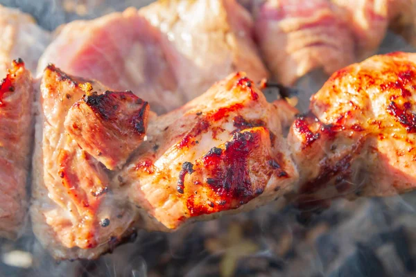 Frischer Schweinefleisch Schaschlik Wird Spieß Auf Dem Grill Gebraten — Stockfoto