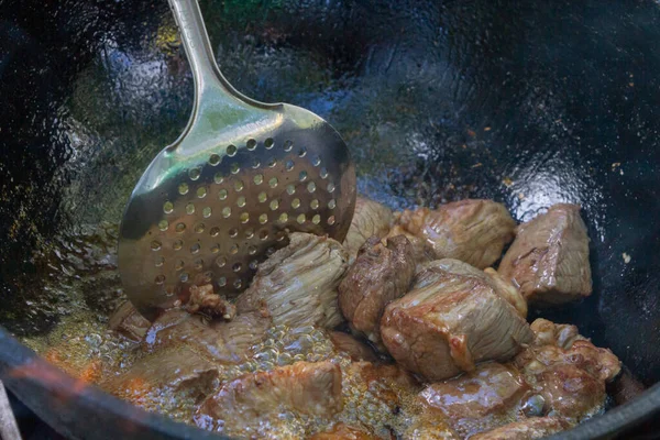 Cozinhar Pilaf Caldeirão Grelha Lado Fora Verão — Fotografia de Stock