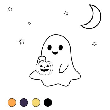 Çocuklar için boyama. Fenerli hayalet Jack Balkabağı. Beyaz arka planda Cadılar Bayramı için. Renk paleti ile basit renklendirme. Vektör illüstrasyonu.