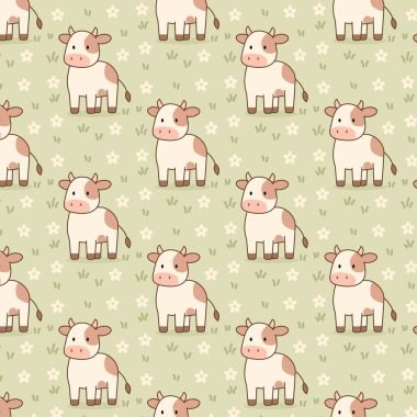 Çayır kawai 'de şirin ineklerin deseni. Şirin inek deseni. Kusursuz inek deseni. Minimalist inek deseni. .