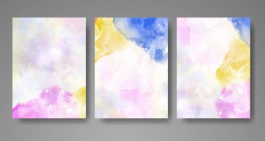 Parlak renkli vektör suluboya arkaplanlı kartlar. Randevunuz, kartpostalınız, afişiniz için tasarım.