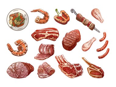 Farklı et, biftek, karides, tavuk, ızgara sebze ve barbekü çeşitlerinin el yapımı çizimleri. Doodle vintage çizimi. Kabartmalı resim.