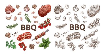 Barbekü elementlerinin elle çizilmiş ve tek renkli çizimleri. Restoran ve kafe menüsünün tasarımı için ızgara yemek. Doodle vintage çizimi. Kabartmalı resim.