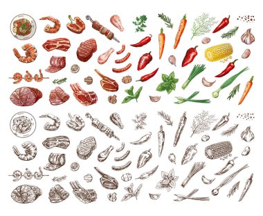 Mangal, piknik malzemeleri ve etin el yapımı ve tek renkli çizimleri. Menünün tasarımı için ızgara yemek. Doodle vintage çizimi. Kabartmalı resim.