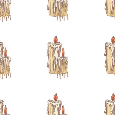 Klasik el yapımı mumlarla kusursuz desen. Bej ve kırmızı renklerde yanan mum ışıkları. Cadılar bayramı, gotik dekor, ambalaj kağıdı ve tekstil tasarımı için mükemmel..