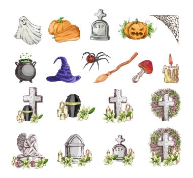 Balkabakları, hayaletler, cadı şapkaları, kazanlar, süpürgeler, mumlar, haçlar, mezarlar ve çiçeklerle el yapımı klasik cadılar bayramı seti. Ürkütücü tatil kartları, posterler, davetiyeler ve mevsimlik dekorasyonlar için mükemmel..