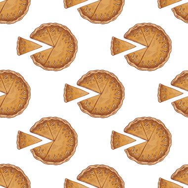 Elle çizilmiş dikişsiz, dilimli ve tohumlu balkabaklı turta deseni. Şükran Günü, sonbahar yemek paketleri, şenlikli mutfak tekstil ürünleri, menüler ve mevsimlik tatil süslemeleri için mükemmel..