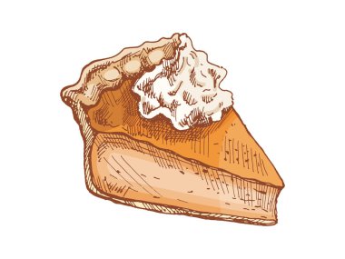 Krem şantili balkabağı diliminin el yapımı eskizi. Sonbahar tasarımı, mevsimsel gıda projeleri ve şenlikli dekorasyon için geleneksel Şükran Günü tatlı çizimi.