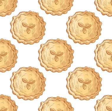 Elle çizilmiş, dikişsiz, yapraklarla süslenmiş fırınlanmış turtalar. Şükran Günü, sonbahar tatili, kırsal mutfak tekstili, ambalaj kağıdı, pastane menüsü ve şenlikli tasarım için mükemmel..