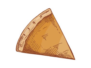 Elle çizilmiş klasik pasta dilimi, altın fırınlanmış kabuk, izole edilmiş vektör çizimi, kafe menüsü, fırın projeleri ve şenlikli yemek tasarımı için mükemmel..