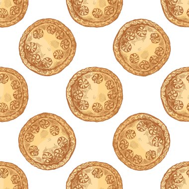 Dekoratif kabuklu, izole edilmiş vektör illüstrasyonu, fırın projeleri, kafe menüsü, şenlikli yemekler ve retro mutfak tasarımı için ideal el yapımı dikişsiz turtalar..