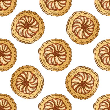 Elle çizilmiş, üzerinde dilimler ve böğürtlenler olan yuvarlak elmalı turtaların klasik deseni, kırsal fırın çizimi, kumaş, ambalaj kağıdı, kafe menüsü tasarımı ve şenlikli dekorasyon için mükemmel..