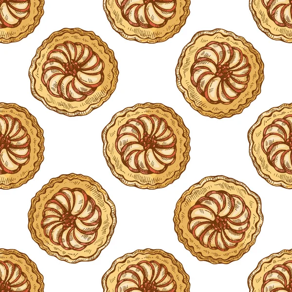 Elle çizilmiş, üzerinde dilimler ve böğürtlenler olan yuvarlak elmalı turtaların klasik deseni, kırsal fırın çizimi, kumaş, ambalaj kağıdı, kafe menüsü tasarımı ve şenlikli dekorasyon için mükemmel..