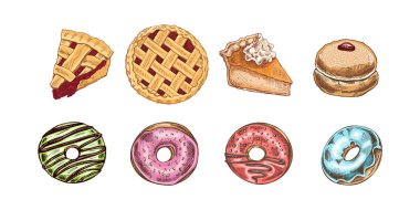 El yapımı eskiz turtalar, pasta dilimleri ve renkli jöleli çörekler. Menü, kafe tasarımı, ambalaj, tekstil baskıları, tatil dekorasyonu ve dijital projeler için mükemmel bir tatlı fırını koleksiyonu..