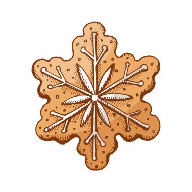 Kar tanesi şeklinde zencefilli kurabiyenin vektör çizimi, beyaz kremayla süslenmiş, klasik el çizimi tarzında çizilmiş, sıcak kahverengi tonlar..