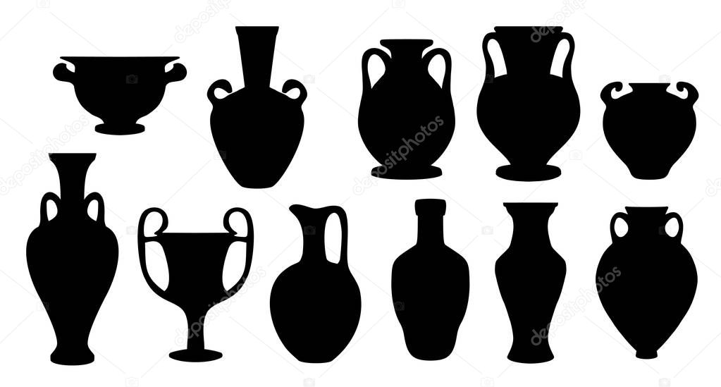 Black silhouette collection of vintage greek vases on white background