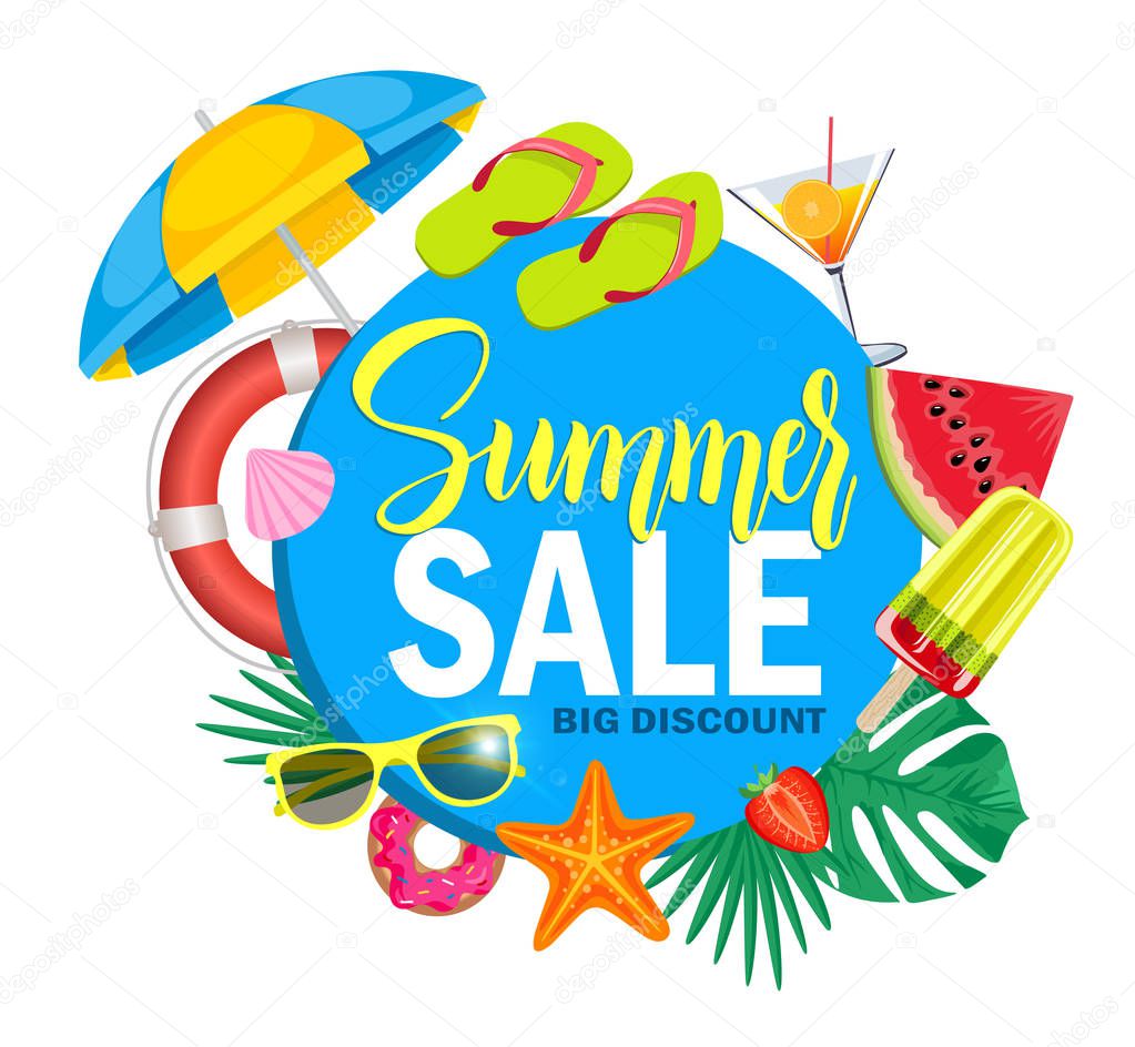 Summer sale banner with colorful beach elements on white background