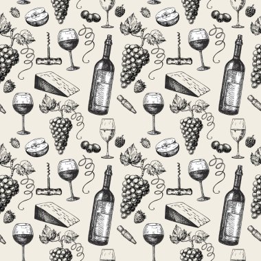 Şarap kusursuz desenli vintage. El yapımı vektör seti, şarap ve şarap yapımı. Üzüm, yaprak, cam. Restoran, menü, mağaza, mağaza, ambalaj kağıdı, tekstil için kullan