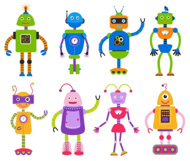 Kızlar ve erkekler için karikatür robotlar vektör beyaz arka plan izole. Sevimli robot kız oyuncak ve karakter robot erkek elektronik illüstrasyon