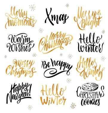 Noel Yazı Seti. Mutlu Noeller. Yeni Yılınız Kutlu Olsun. Tipografi seti. Vektör logosu, amblemler, metin tasarımı. Afişler, tebrik kartları, hediyeler için kullanılabilir.