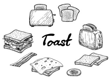 Tost kroki seti. Tost makinesi ve farklı tost türleri. Tereyağı ve bıçakla tost. Mürekkep el çizilmiş tek renkli çizim stok vektör illüstrasyon, tasarım elemanı