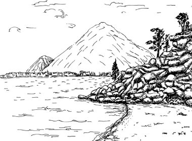 Dağ göl ormanı çam ağaçları kaya vektör illüstrasyon. Peyzaj dağ Gölü ve çam kroki 