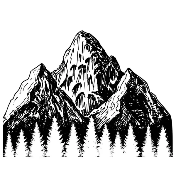 Montanhas Com Contornos Floresta Abeto Ilustração Vetorial Desenhada Mão Esboço —  Vetores de Stock