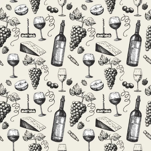 Şarap kusursuz desenli vintage. El yapımı vektör seti, şarap ve şarap yapımı. Üzüm, yaprak, cam. Restoran, menü, mağaza, mağaza, ambalaj kağıdı, tekstil için kullan