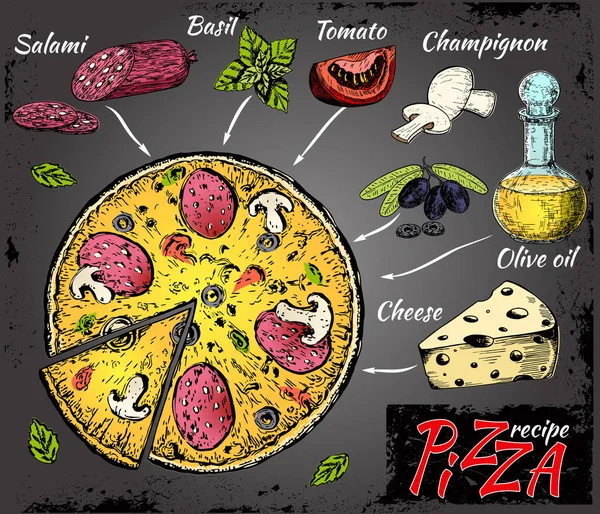 ピザのレシピ ホットピザとその成分のベクトルイラスト 伝統的なイタリアのレシピ インフォグラフィッククリエイティブデザイン 黒い背景に隔離されたファーストフード — ストックベクタ