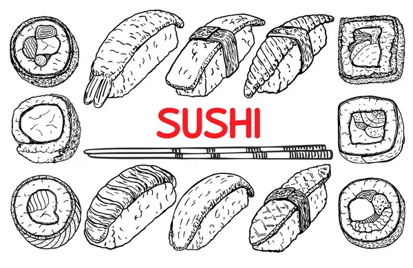 寿司とロール 手描きの新鮮な魚と米を棒で — ストックベクタ