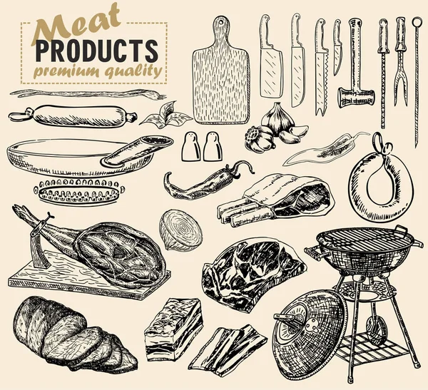 Vetor Desenhado Mão Ilustração Com Produtos Base Carne Esboço Estilo — Vetor de Stock
