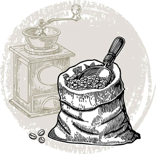 熟成背景にインク手描きのコーヒーグラインダーイラスト ヴィンテージベクターコーヒーイラスト 手描きヴィンテージコーヒーの背景 — ストックベクタ