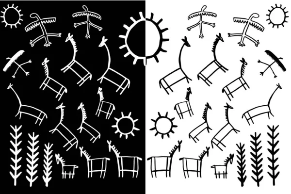 Wektor Starożytnych Petroglify Malarstwo Skalne Szkic Projektowania — Wektor stockowy