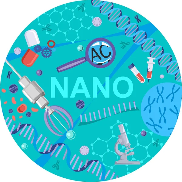 Concepto Nanotecnología Con Símbolos Genómicos Ilustración Investigación Adn Humano Hecho — Vector de stock