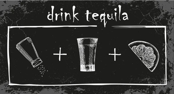 Jak Pić Tequila Szklanka Tequili Plasterkami Cytrynowymi Solą Ciemnym Tle — Wektor stockowy