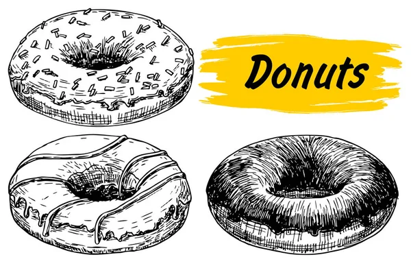 Conjunto Saborosos Donuts Ilustração Vetorial Desenhada Mão Esboço Rosquinhas Doce —  Vetores de Stock
