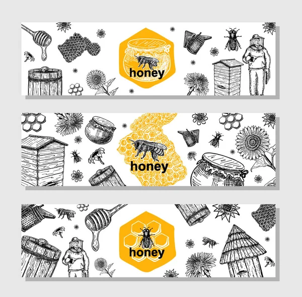 Vektor Handritade Honung Banners Detaljerade Graverade Illustrationer Grafisk Honeycomb Bee — Stock vektor