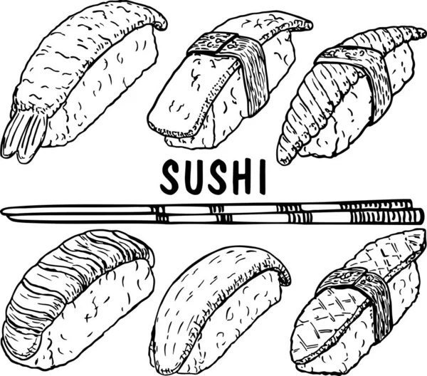 Sushi Panecillos Dibujo Mano Pescado Fresco Arroz Con Palitos — Vector de stock