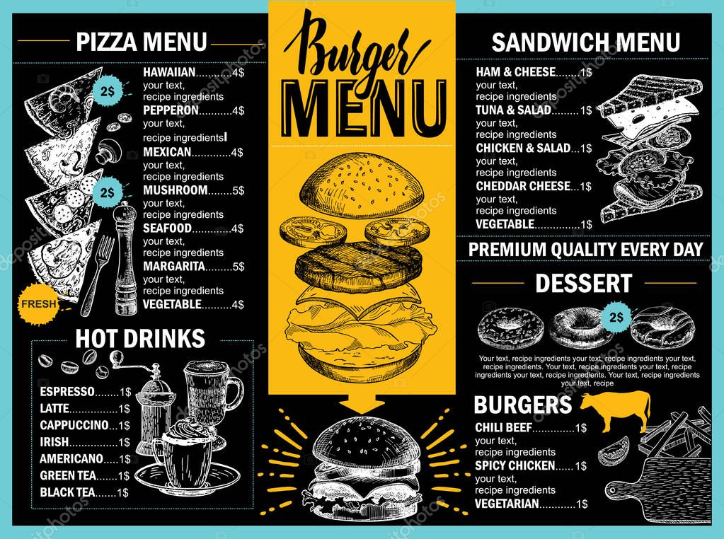 Food menu for restaurant and cafe. Design template with hand-drawn graphic elements in doodle style. Restaurant cafe menu, template design. Food flyer. Black background.